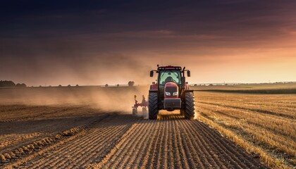 Obraz premium A powerful red tractor plowing a vast agricultural field and raising dust during a dramatic golden sunset