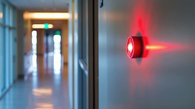 Long, empty hallway with red alarm light turned on