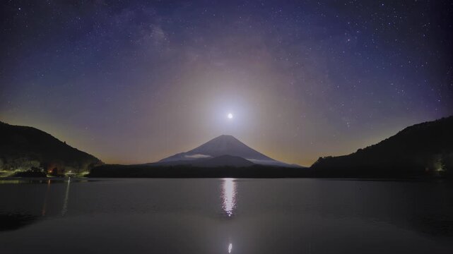 The Milky Way Beyond the Moon Rising Above Snow-Capped Mt. Fuji from Lake Shojiko &ndash; Moonlit Timelapse &ndash; Black Crush Fixed, Noise Reduced &ndash; 4K SDR Astrophotography Japan