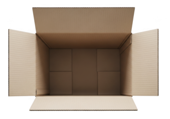 Empty open cardboard box viewed from above ready for packaging and shipping solutions transparent background