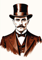 051-45-Dapper gentleman wearing a top hat and bowtie, an illustration in sepia tones