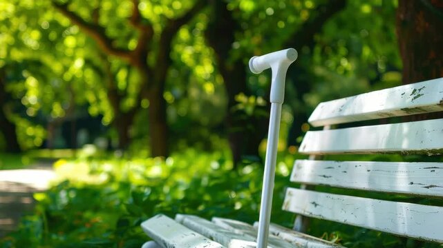 Walking cane rests on park bench surrounded by greenery