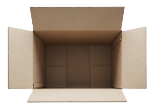 Empty open cardboard box viewed from above ready for packaging and shipping solutions transparent background