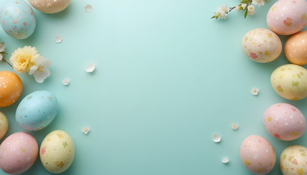 “Minimal Easter theme with pastel eggs around a clean blank space for text.”
