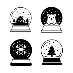 Four black and white snow globes with different winter-themed elements inside, illustrating seasonal concepts.