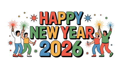 Celebratory New Year 2026: An illustration showcases joyous individuals celebrating the arrival of the New Year, their hands raised in festive delight with sparkling fireworks.