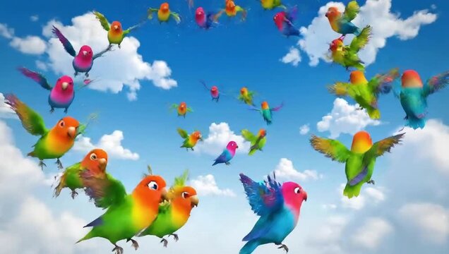 Flock of happy cartoon colorful parrots flying in formation celebration