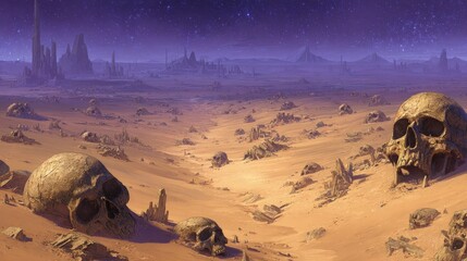Vast Desolate Desert Landscape With Giant Skulls And Distant City Under Starry
