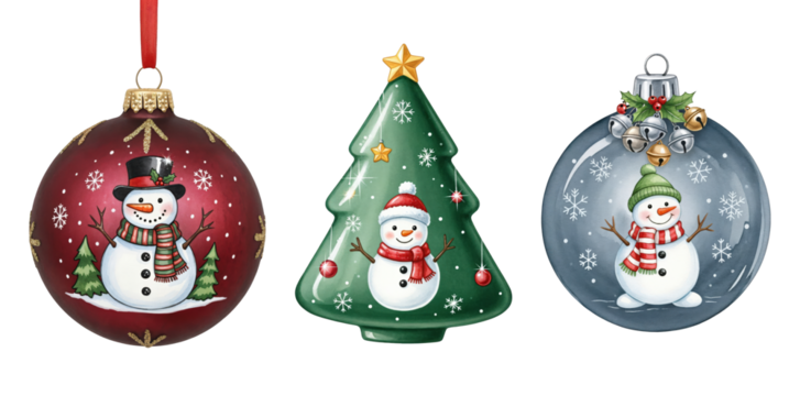 Three festive Christmas ornaments featuring cheerful snowmen, snowflakes, and holiday decorations against a transparent background, perfect for winter celebrations.