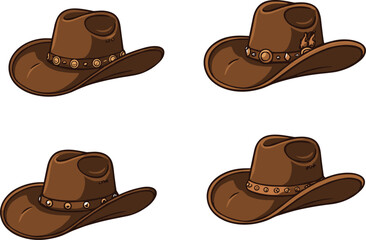 “Set of stylish brown cowboy hats with decorative bands, western vintage fashion accessories, classic rancher hat collection isolated on white background