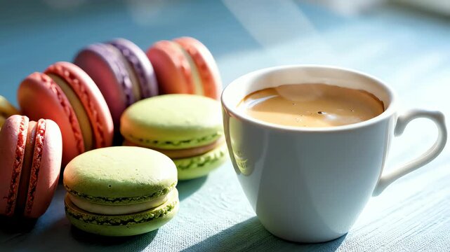 Macaroons (Macaron) on a Pastel Blue Surface with Espresso in a White Cup, A Delightful and Colorful Dessert and Coffee Pairing.