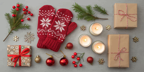 Obraz premium Cozy winter holiday scene featuring mittens, candles, and gifts for a festive touch, perfect for seasonal celebrations