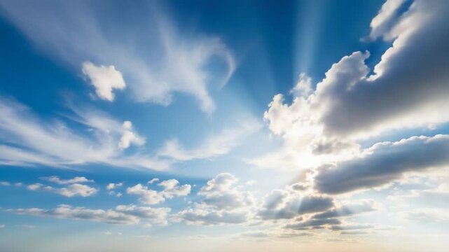 Bright Blue Sky With Wispy Clouds And Sun Rays Shining Through
