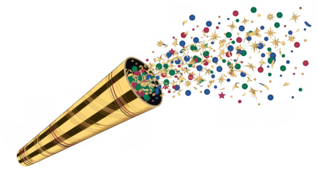 Confetti popper exploding colorful shapes isolated on a transparent background