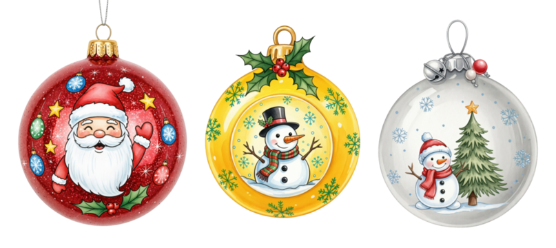 Collection of vibrant Christmas ornaments featuring Santa Claus, cheerful snowmen, and a festive Christmas tree, perfect for holiday decorations