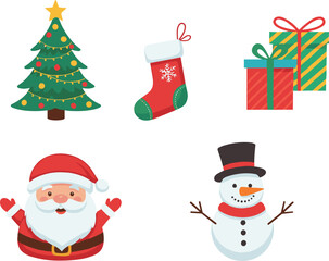 Cute Christmas illustration set featuring Santa Claus, snowman, decorated tree, gifts and stocking in colorful festive holiday vector design collection