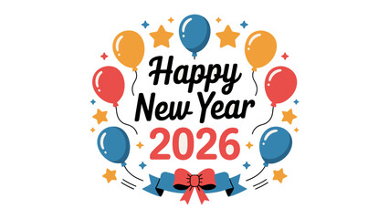 New Year Celebration 2026: A festive graphic announcing the arrival of the New Year, adorned with vibrant balloons and cheerful stars to welcome the upcoming year.