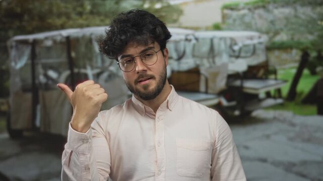 Hispanic man gesturing outdoors with beard expressing with hand on sunny day background blurred park setting contemplation analytical thoughtful expression casual shirt focused posture