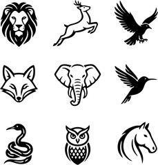 A collection of nine black and white animal head silhouettes, including a lion, deer, eagle, fox, elephant, hummingbird, snake, owl, and horse.