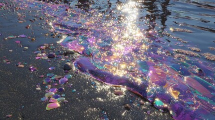 Colorful Iridescent Oil Spill On Beach