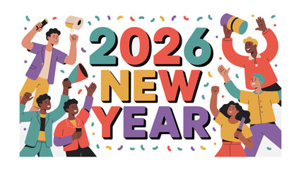 New Year 2026 Celebration: A vibrant gathering of friends joyfully welcome the dawn of 2026, showering confetti amidst laughter and anticipation. A picture of pure exuberance, happiness.