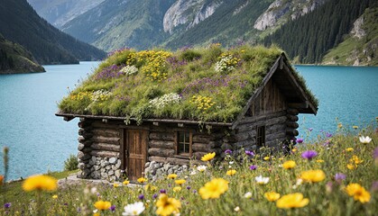 Fototapeta premium Charming wooden cabin with a flower-covered roof by a serene lake in a lush valley Generative AI