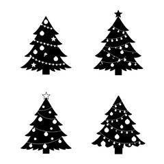 Four black silhouette Christmas trees decorated with ornaments and lights, isolated.