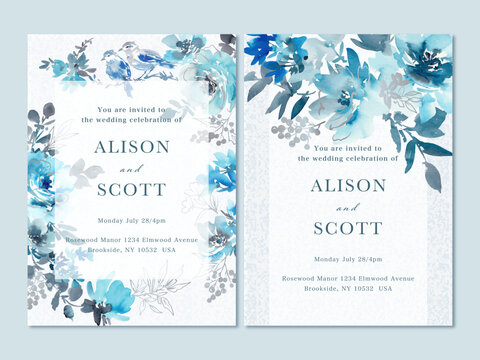 Winter wedding invitation card design set with abstract watercolor elegant blue roses, birds, wild and silver botanical line art. Hand painted floral illustrations for card.