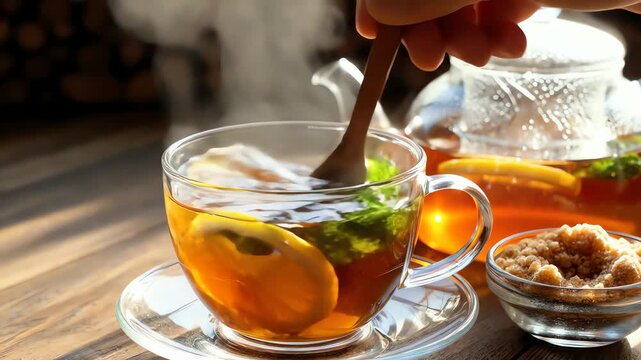 Putting Brown Sugar into a Cup with Natural Organic Herbal Tea, Lemon, and Mint, Served with a Glass Teapot, Highlighting Sweetening and Freshness.