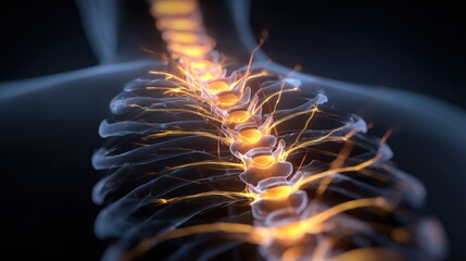 Illuminating the Spine: A detailed and artistically rendered depiction of the human spine and surrounding neural network, highlighted with radiant light, embodying the complexity of the human anatomy.