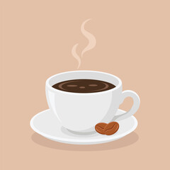 Cup of espresso with saucer and couple coffee beans. Breakfast drink vector illustration.