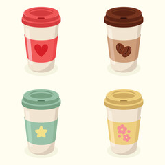 Set of colourful paper coffee cups with holders. Coffee to go vector illustration. 