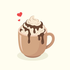 A mug of latte with whipped cream and chocolate syrup topping. Delicious drink vector illustration. 