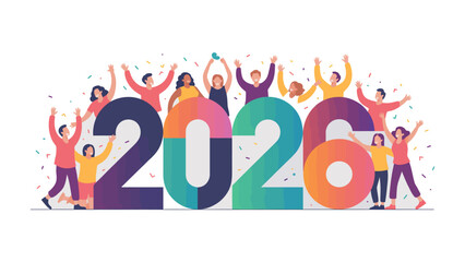 Celebration 2020: A vibrant illustration depicts a lively group of individuals joyously celebrating the dawn of the year 2020, filled with confetti and collective elation.
