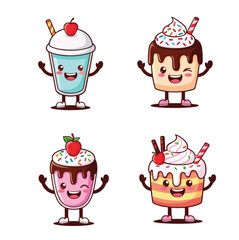 Cute colorful kawaii dessert characters with smiling faces, whipped cream toppings, sprinkles and cherries, adorable cartoon sweets illustration for playful design