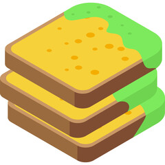 Isometric illustration of three slices of bread with green mold forming on the edges and yellow top layer featuring small orange dots representing spoilage against a clean white background