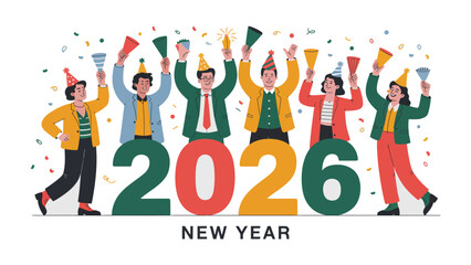 New Year's Eve 2026: A group of individuals celebrate the arrival of the year 2026, embracing a colorful atmosphere of confetti and joyous celebration. 