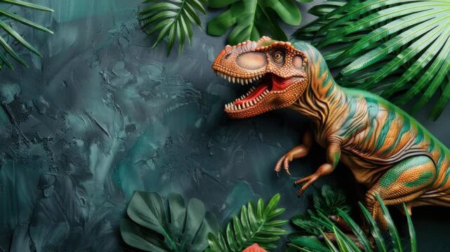 Colorful toy dinosaur among lush green foliage on dark textured background