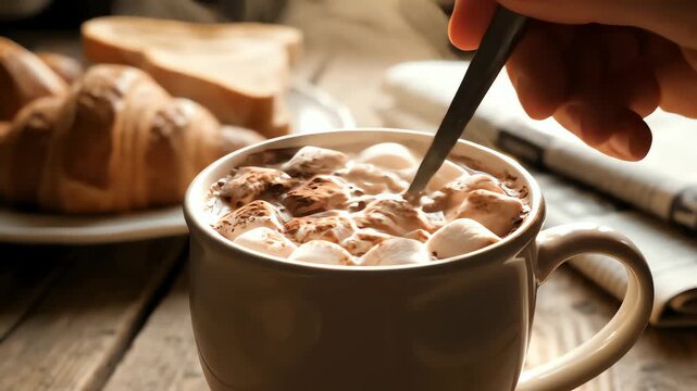 Hot Chocolate Drink in a Mug Being Stirred with a Teaspoon for Breakfast, A Simple and Comforting Morning Routine.