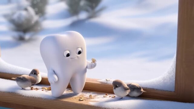 A kind tooth character feeds birds on a snowy windowsill. Peaceful 3D animation for dental care compassionate branding.