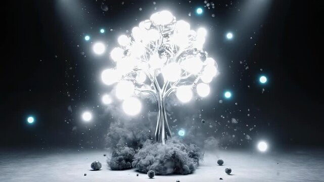 Futuristic Chrome Tree Illuminated By Spotlights On Dark Stage With Floating Debris And Smoke