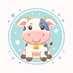 Fototapeta premium Adorable Cartoon Cow with Blue Spots Golden Bell and Smiling Expression.