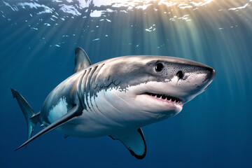 Fototapeta premium A majestic great white shark swims through the deep blue ocean, beautifully illuminated by sun rays filtering down from the water's surface.