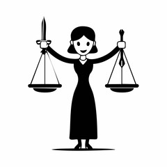 Vibrant green Lady Justice icon with sword and pen scales featuring magenta and yellow pans.