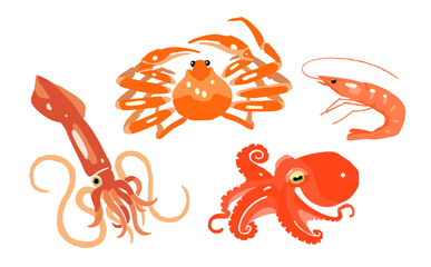 手描き風の海の生き物イラストセット：カニ、エビ、イカ、タコ © fujinosuke