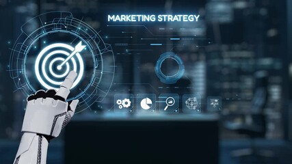 A robotic hand points towards a futuristic marketing strategy interface displaying data visuals and performance metrics, set in a modern urban office environment. Auvana - Powered by Adobe