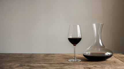 A decanter and glass of red wine on a wooden table. Wine connoisseur. Wine tasting. A vintner's final product. From grapes to wine store.