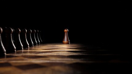pawn. Chess pawn advanced deep into enemy territory on a wooden board, top-down view. public awareness campaigns, NGO reports, designed for public awareness campaigns and NGO communications.