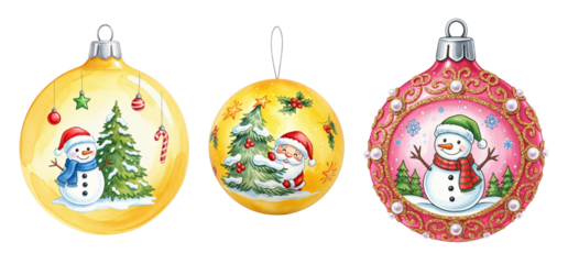 Three festive Christmas ornaments featuring cheerful snowmen and Santa Claus, decorated with holiday trees, pearls, and seasonal elements on a transparent background