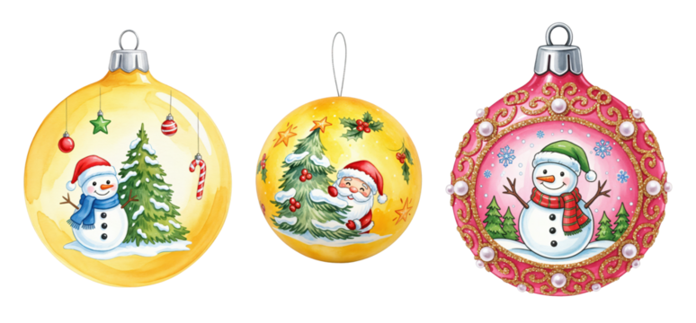 Three festive Christmas ornaments featuring cheerful snowmen and Santa Claus, decorated with holiday trees, pearls, and seasonal elements on a transparent background